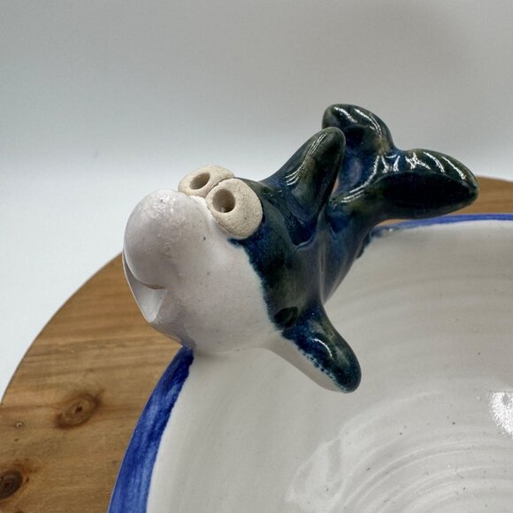 John Nishio Studio Art Pottery Bowl 2 Happy Dolphins Sharks Ocean Blue Trim 3D C - Picture 8 of 16